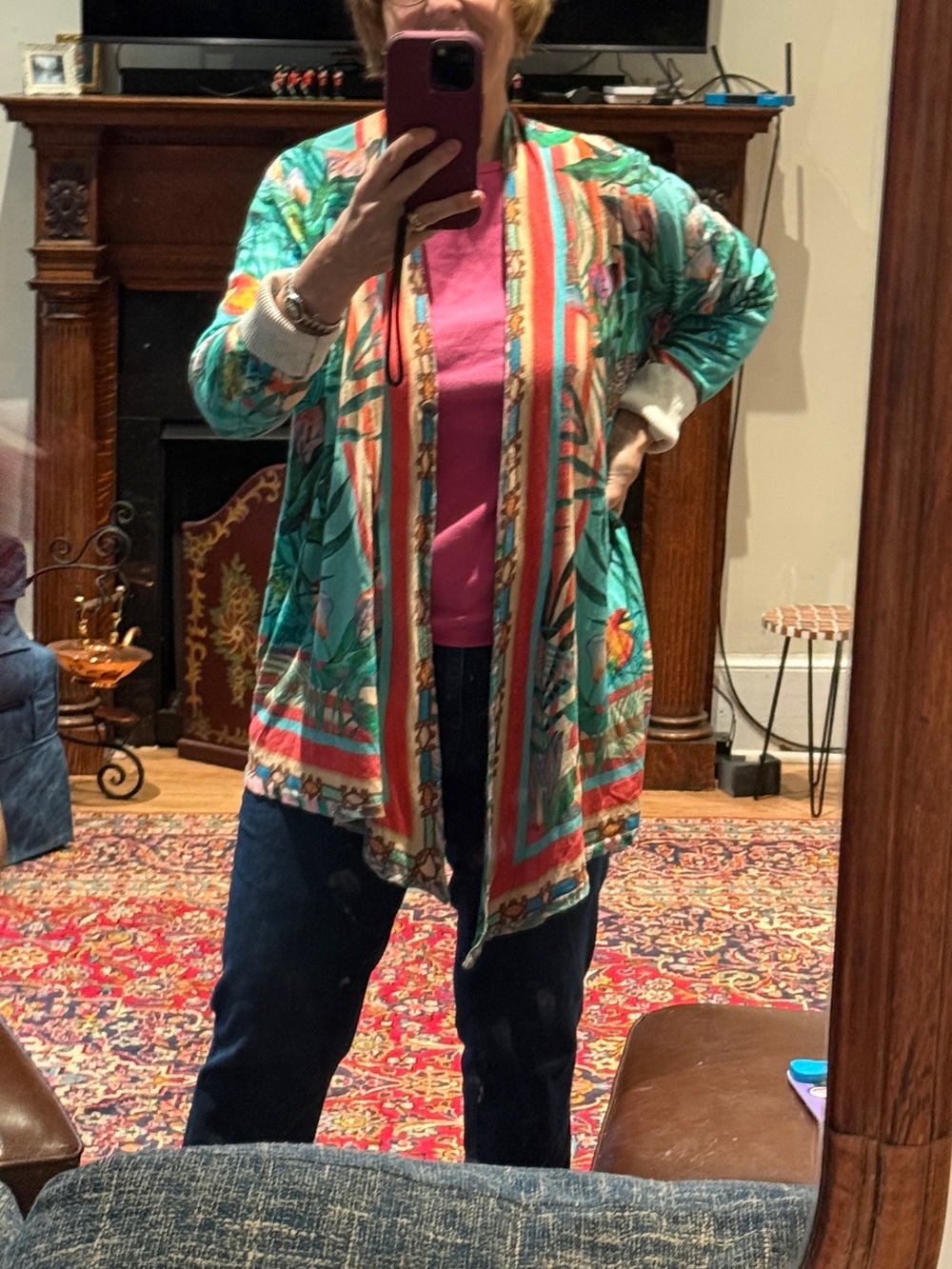 Johnny Was Goegeous cotton teal and pink jungle floral Cardigan